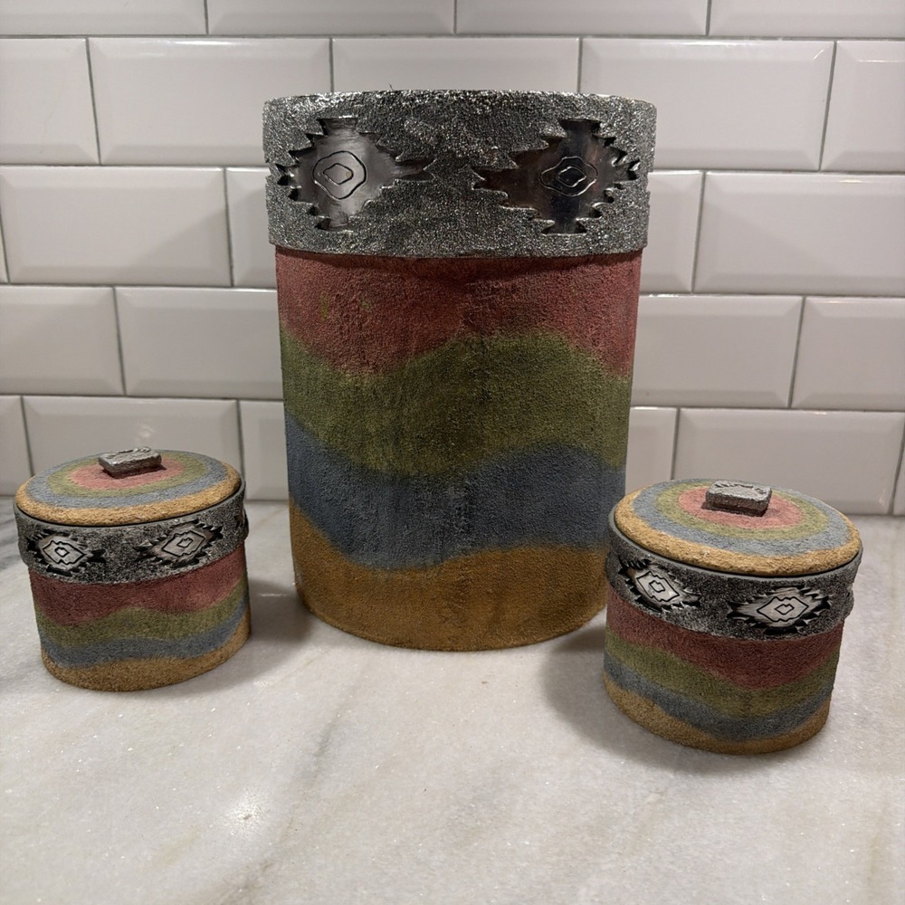 Vintage Unique Southwestern Sandstone Covered Wastebasket 2 Lidded Jars Set 005